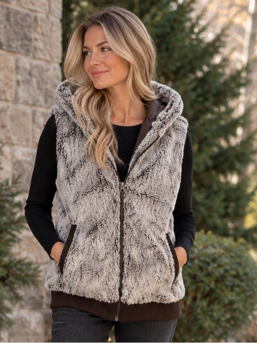 Large Patagonia Cream Faux-Fur Hooded Puffer Vest with Brown Trim